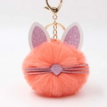 Cute coral pink cat ear faux fur pom pom keychain with gold lobster clasp for bags - Orange Red