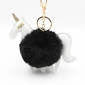 Détail du porte-clés licorne en cuir blanc avec un pompon noir en fausse fourrure - Noir