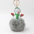 Detail eines Plüsch-Schneemann-Schlüsselanhängers mit grüner Mütze und grauem Pelzpompon - Hellgrau