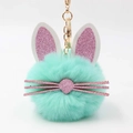 Close-up of mint green bunny pompom keychain with rose gold metal ring and pink ears - Light Green