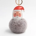 Cartoon Santa Claus plush keychain with soft grey faux fur pom pom and golden metal clip - Light Gray