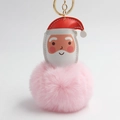 Pink faux fur pompom keychain featuring a cute Santa Claus leather patch and gold ring - Light Pink