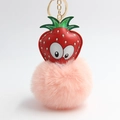 Detail of cartoon strawberry plush keychain with red leather leaf and pink fuzzy ball - Korean Pink Strawberry