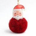 Cartoon Santa Claus plush pompom keychain with red faux fur and golden metal chain link - Burgundy