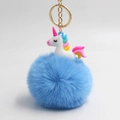 Royal blue faux fur unicorn keychain with colorful mane and gold metal ring - Blue