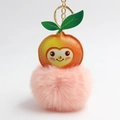 Pink faux fur pompom keychain with cute peach-shaped cartoon leather tag and gold ring - Korean Pink Peach