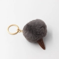 Detail of grey fluffy faux fur pompom ice cream keychain with brown cone and gold clasp - Dark Gray