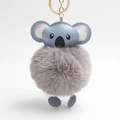 Cute cartoon koala pom-pom keychain with blue leather details and gold metal ring - Light Gray