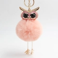 Pink fluffy owl keychain with gold metal owl head and plush faux fur ball charm - Pink