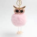 Pink faux fur owl keychain with golden metal head and black gemstone eyes for bags - Light Pink