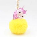 Pink unicorn plush pompom keychain with yellow fur ball and gold metal ring for bags - 8x14cm / Yellow