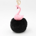 Close-up of pink swan keychain with black faux fur pompom and golden crown detail - 14*8cm / Black