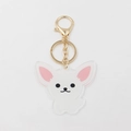 Detail of a white acrylic Chihuahua keychain with pink ears and golden lobster clasp hardware - White Chihuahua