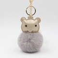 Golden faux leather princess bear keychain with grey faux fur pompom and crown decoration - Light Gray