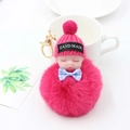 Porte-clés poupée bébé endormi en peluche fait main avec pompon en fourrure rose - Rouge Rose (Avec Nœud)