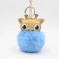 Cartoon giraffe faux fur pom pom keychain with gold lobster clasp for bag decoration - Blue