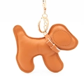 Detail of caramel faux leather dog keychain with pebble grain and gold lobster clasp - Camel