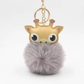Cartoon giraffe faux fur keychain with grey plush ball and gold metal hardware ring - Light Gray