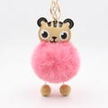 Cute PU tiger head plush ball keychain with pink faux fur pompom and gold lobster clasp - Deep Pink