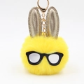 Cute yellow plush bunny pompom keychain with long ears and black frame glasses charm - Yellow