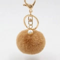 Light brown 6cm faux fur pompom keychain with white pearl and gold metal lobster clasp - Pom Pom Diameter 6CM / Khaki