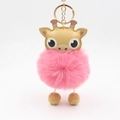 Cute cartoon giraffe pom pom keychain with pink fur ball and golden metal ring for bags - Deep Pink