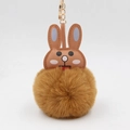 Creative brown rabbit plush keychain with leather head and soft faux fur pompom for bags - Coffee