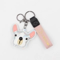 Holographic French Bulldog keychain with pink leather strap and metallic lobster clasp - Beige with Strap