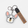 Cute French Bulldog PU leather keychain with dog head pendant and brown wrist strap - Gray with Strap
