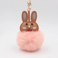 Porte-clés lapin en peluche rose avec tête en cuir PU brun et anneau doré - Rose