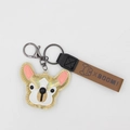Detail eines French Bulldog Schlüsselanhängers aus PU-Leder mit Gold-Effekt und Karabiner - Kaffee mit Band