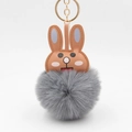 Cute bunny pom pom keychain with grey faux fur ball and gold ring for handbag - Medium Grey