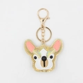 Detail of laser pu leather bulldog keychain with gold lobster clasp and embroidery - Coffee