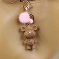 Handmade brown crochet bear keychain with pink fur pompom on luxury leather bag - Brown Bear