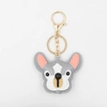 Detail of grey PU leather French Bulldog keychain with gold metal clasp and stitching - Gray