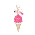Llavero de helado de PU con borla rosa y cascabel dorado para bolsos y accesorios - Rosa Roja