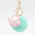 Süßer Schlüsselanhänger mit rosa Katzenpfote aus Leder und mintgrünem Plüsch-Pompon - Grün