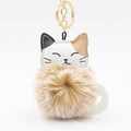 Schattige cartoon gelukskat sleutelhanger met pluizige pompon en gouden ring - Khaki Frost