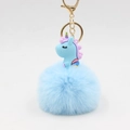 Einhorn Plüsch Schlüsselanhänger mit hellblauem Kunstfellball und goldener Kette - 10x8cm / Hellblau