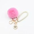 Pink faux fur pom pom keychain with pearl wristlet strap and gold bow charm - Pom Pom Diameter 6CM / Rose Pink