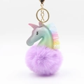 Colorful gradient unicorn keychain with purple faux fur pompom and golden metal ring - Light Purple