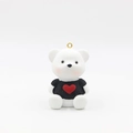 Close-up of white resin bear charm wearing a black heart sweater with gold keychain - Doll Only Style / Black