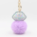 Laser holographic shell keychain with a fluffy light purple faux fur pompom ball - Light Purple