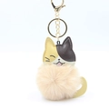 Détail d'un porte-clés chat avec pompon en fausse fourrure beige et fermoir en métal doré - Khaki Beige