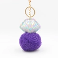 Detail of purple faux fur pompom and holographic shell keychain with gold metal clasp - Bright Purple