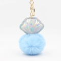 Laser shell keychain with light blue plush fur ball and golden metal ring for bags - Sky Blue