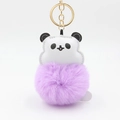 Detail of cute panda keychain featuring a purple faux fur ball and gold metal ring - 10x8cm / Light Purple