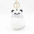 Close-up of cute panda plush pom-pom keychain with gold metal ring and soft faux fur - 10x8cm / White