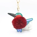 Chic hummingbird faux fur pom pom keychain with colorful leather wings and gold hardware - Burgundy