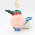 Handcrafted colorful leather hummingbird keychain with large pink faux fur pompom and gold ring - Pink